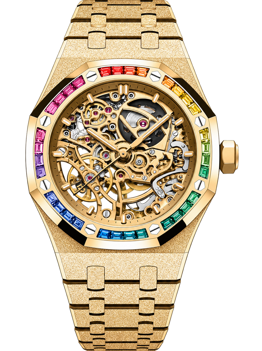 Frosted Gold-Tone Rainbow Skeleton Watch – Integrated Bracelet