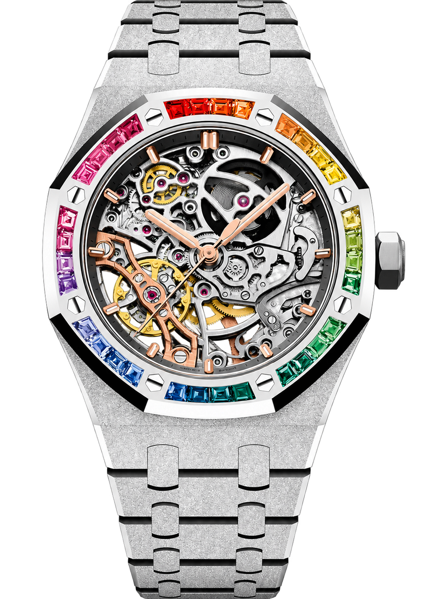 Frosted Silver-Tone Rainbow Skeleton Watch – Integrated Bracelet