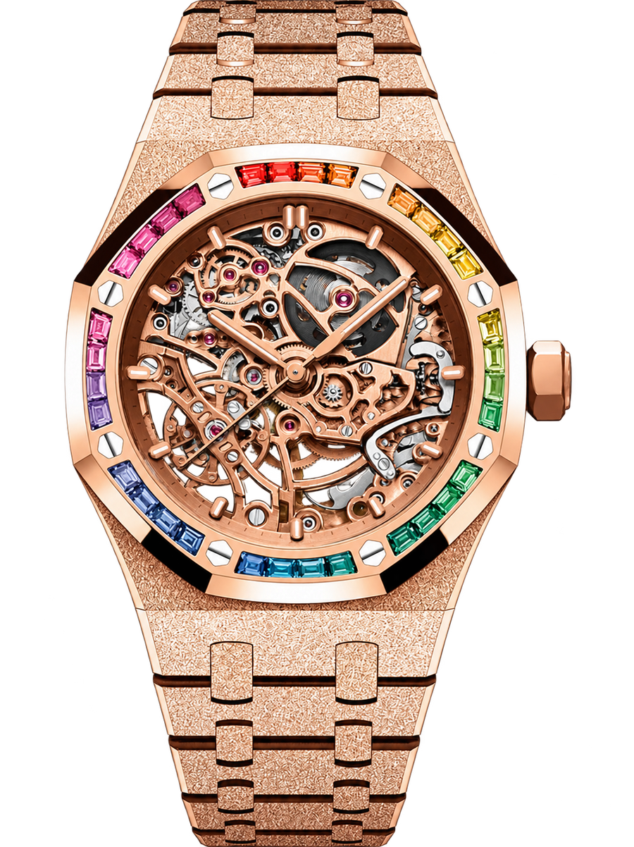 Frosted Rose Gold-Tone Rainbow Skeleton Watch – Integrated Bracelet
