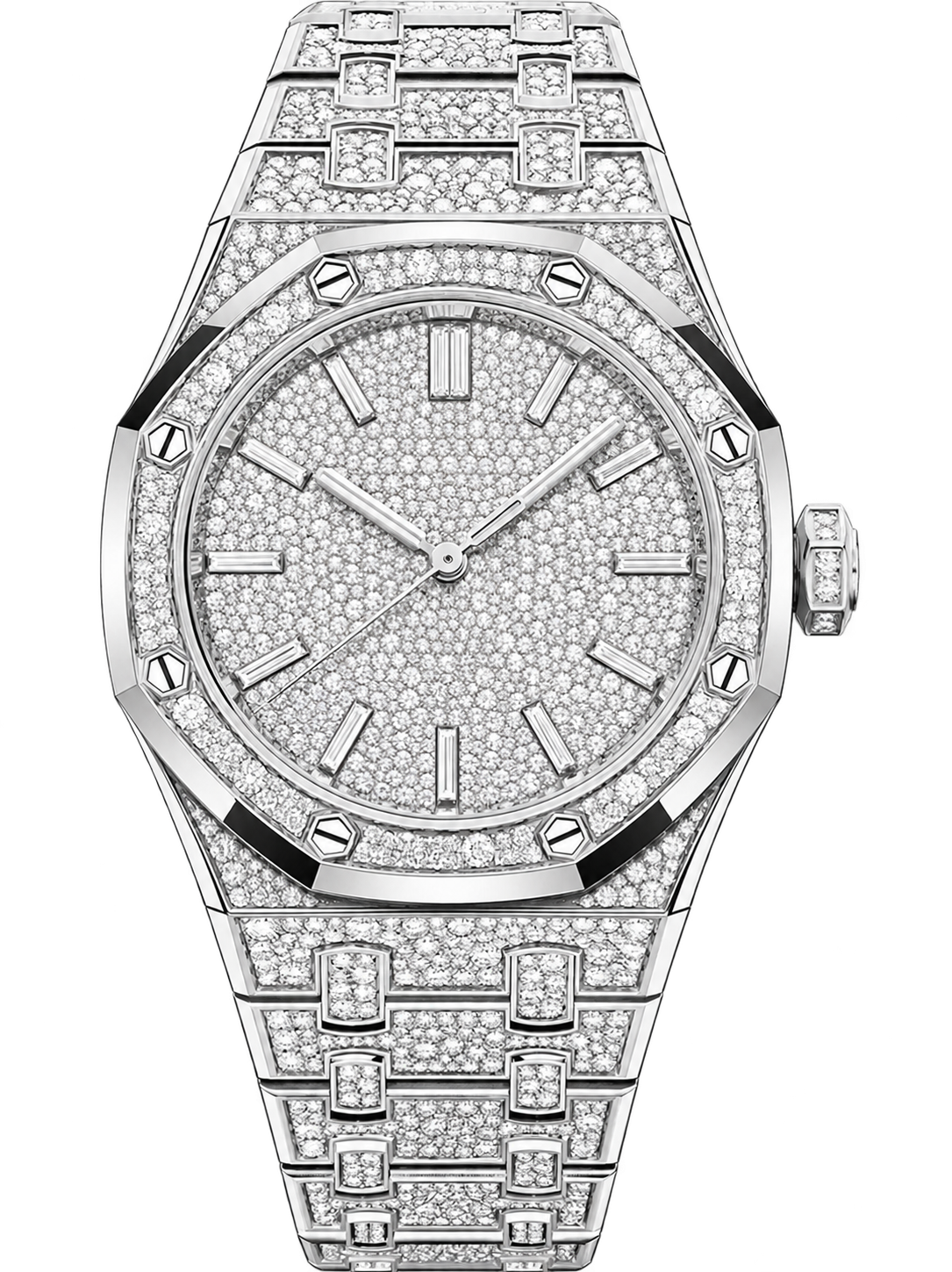 Full Crystal-Set Silver-Tone Watch – Integrated Bracelet