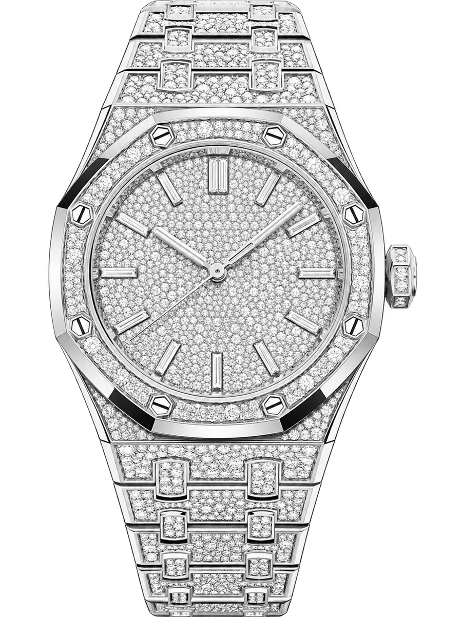 Full Crystal-Set Silver-Tone Watch – Integrated Bracelet