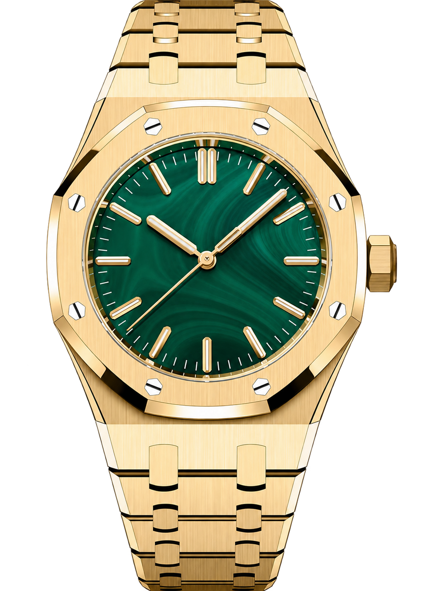 Gold-Tone Green Stone-Inspired Watch – Integrated Bracelet