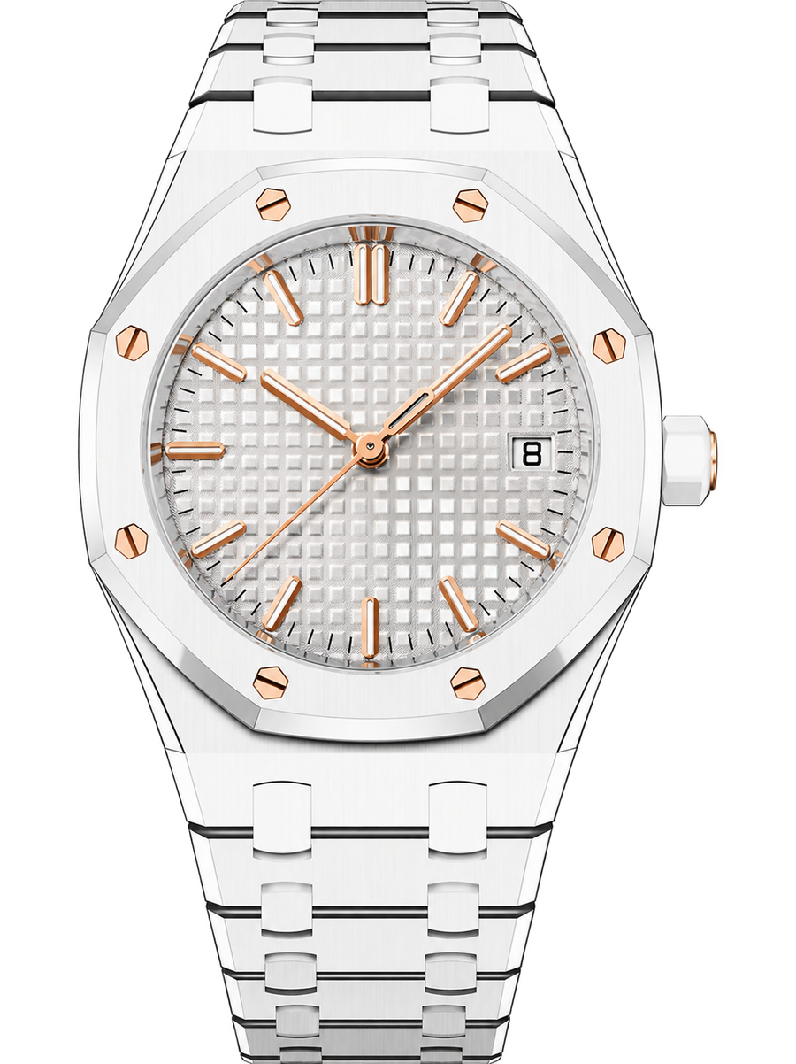White & Rose Gold-Tone Textured Watch – Integrated Bracelet