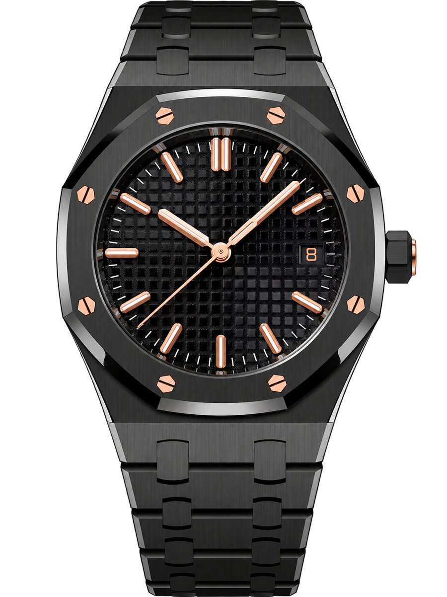 Black & Rose Gold-Tone Textured Watch – Integrated Bracelet