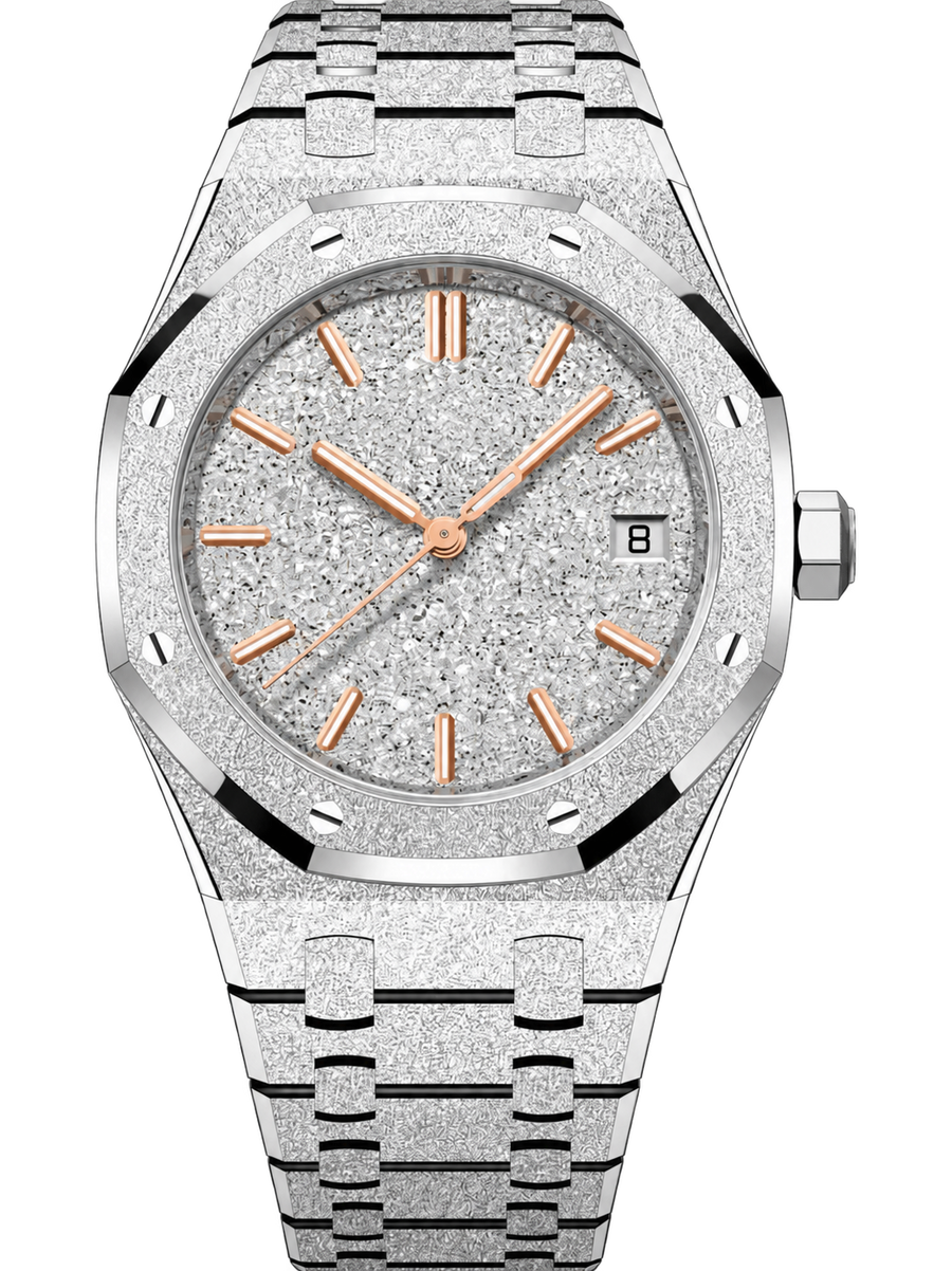 Frosted Silver-Tone Crystal-Texture Watch – Rose Gold Accents