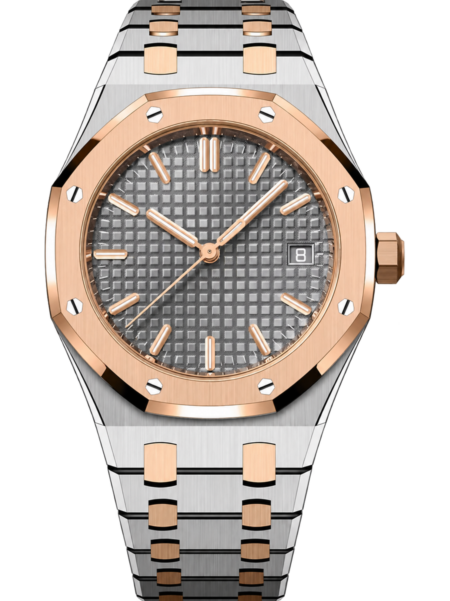 Two-Tone Rose Gold & Silver Grey Textured Watch – Integrated Bracelet