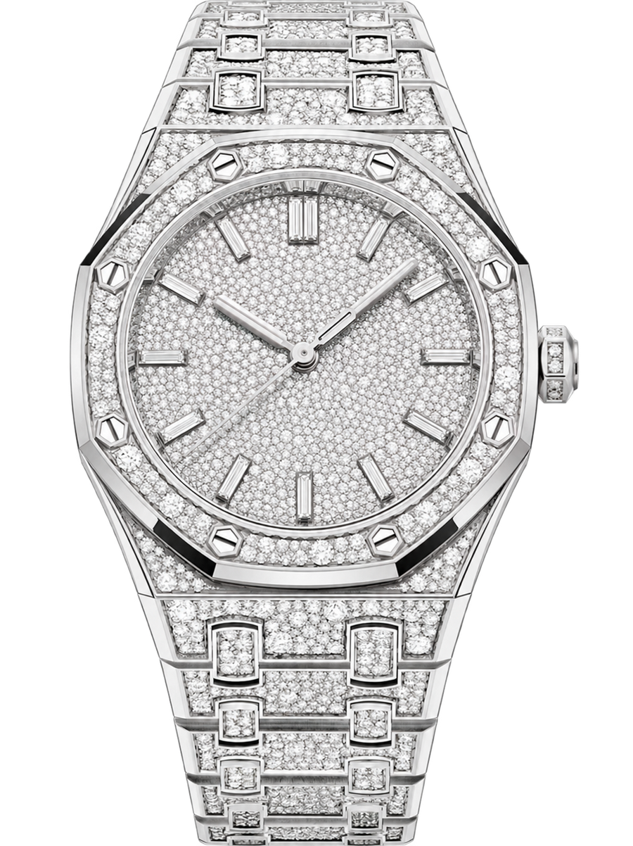Full Crystal-Set Silver-Tone Watch – Integrated Bracelet