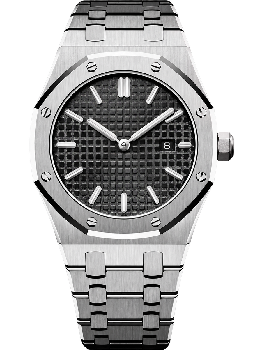 Silver-Tone Black Textured Watch – Integrated Bracelet
