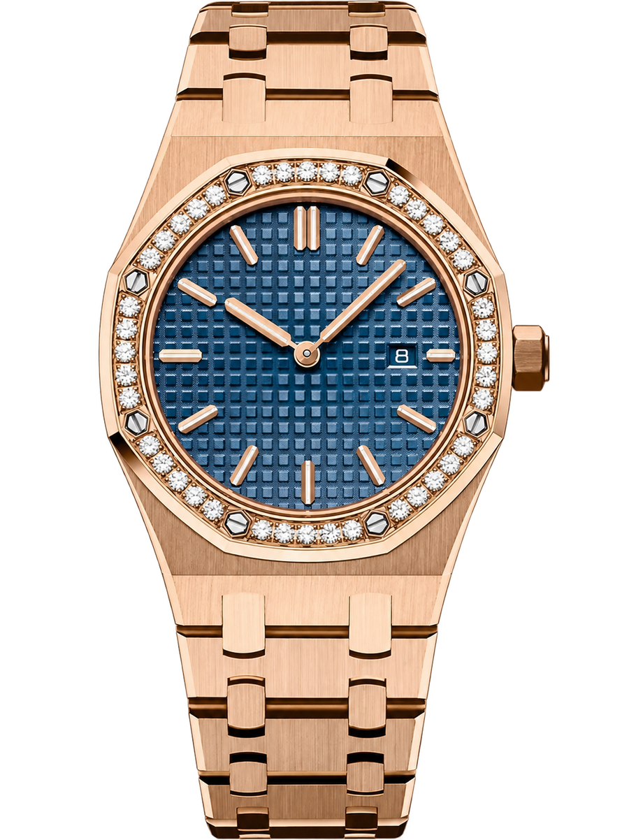Rose Gold-Tone Deep Blue Crystal-Bezel Watch – Integrated Bracelet