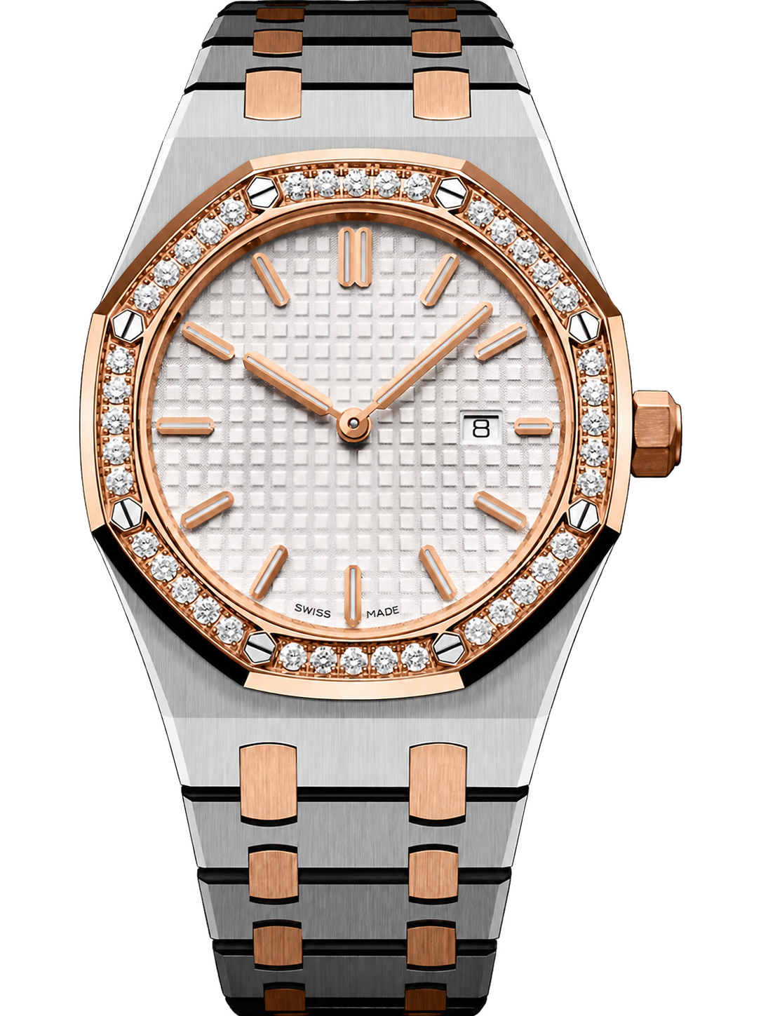 Two-Tone Rose Gold & Silver White Crystal-Bezel Watch – Integrated Bracelet