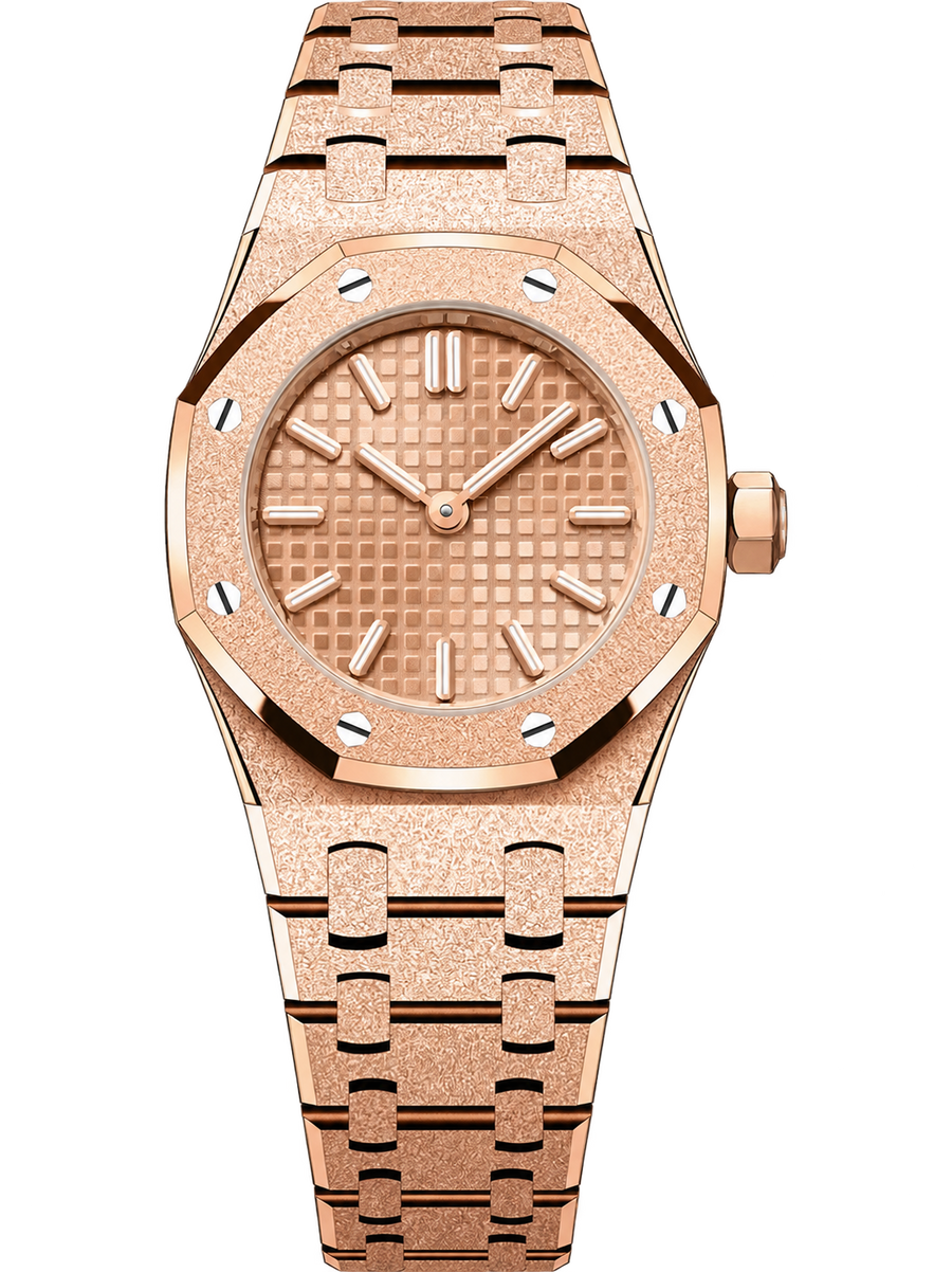 Frosted Rose Gold-Tone Mini Textured Watch – Integrated Bracelet