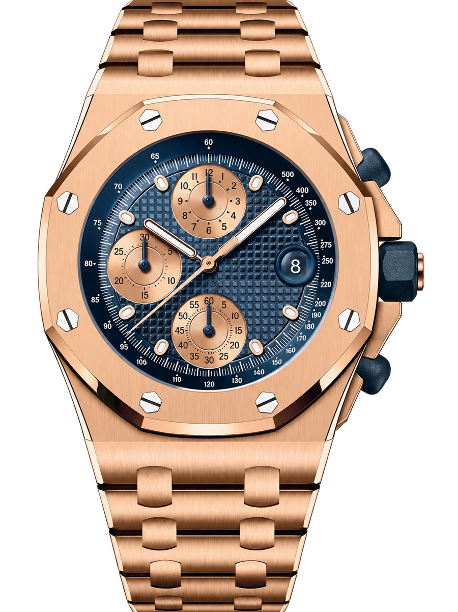Rose Gold-Tone & Deep Blue Multi-Display Sport Watch – Integrated Bracelet