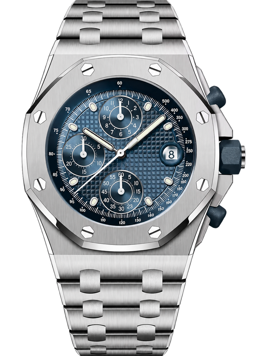 Silver-Tone Deep Blue Multi-Display Sport Watch – Integrated Bracelet