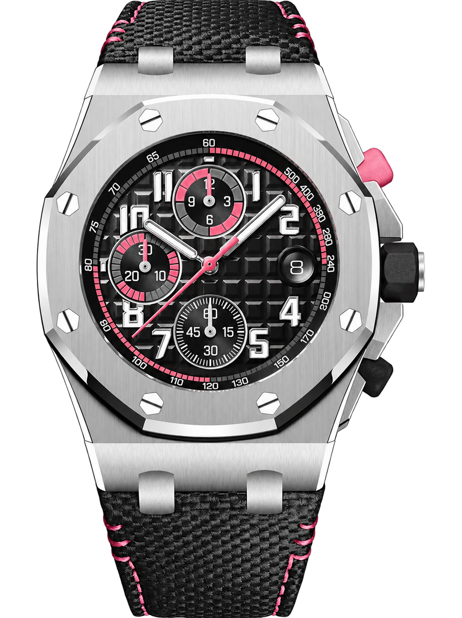 Silver-Tone Black & Pink Multi-Display Sport Watch – Black Performance Strap