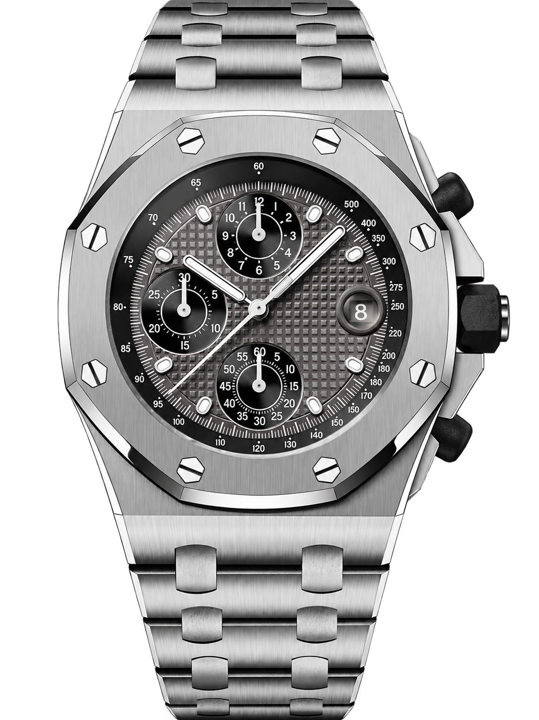 Silver-Tone Multi-Display Sport Watch – Integrated Bracelet & Dark Textured Dial