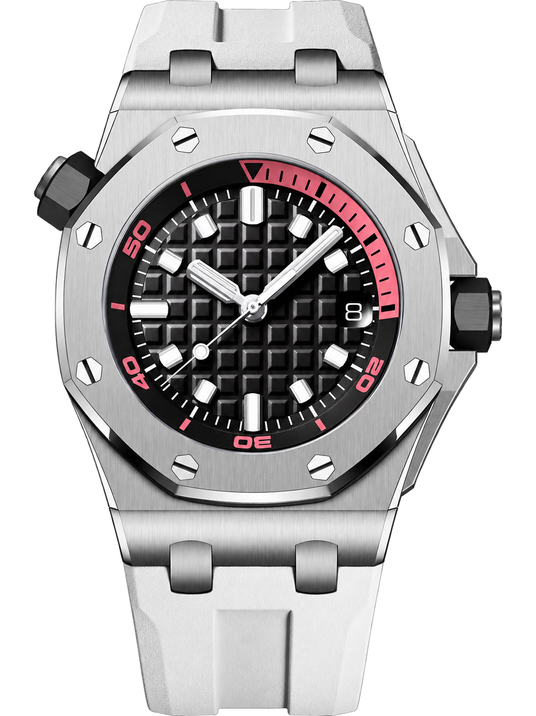 White & Pink Sport Watch – Silver-Tone Case, Black Textured Dial & White Performance Strap