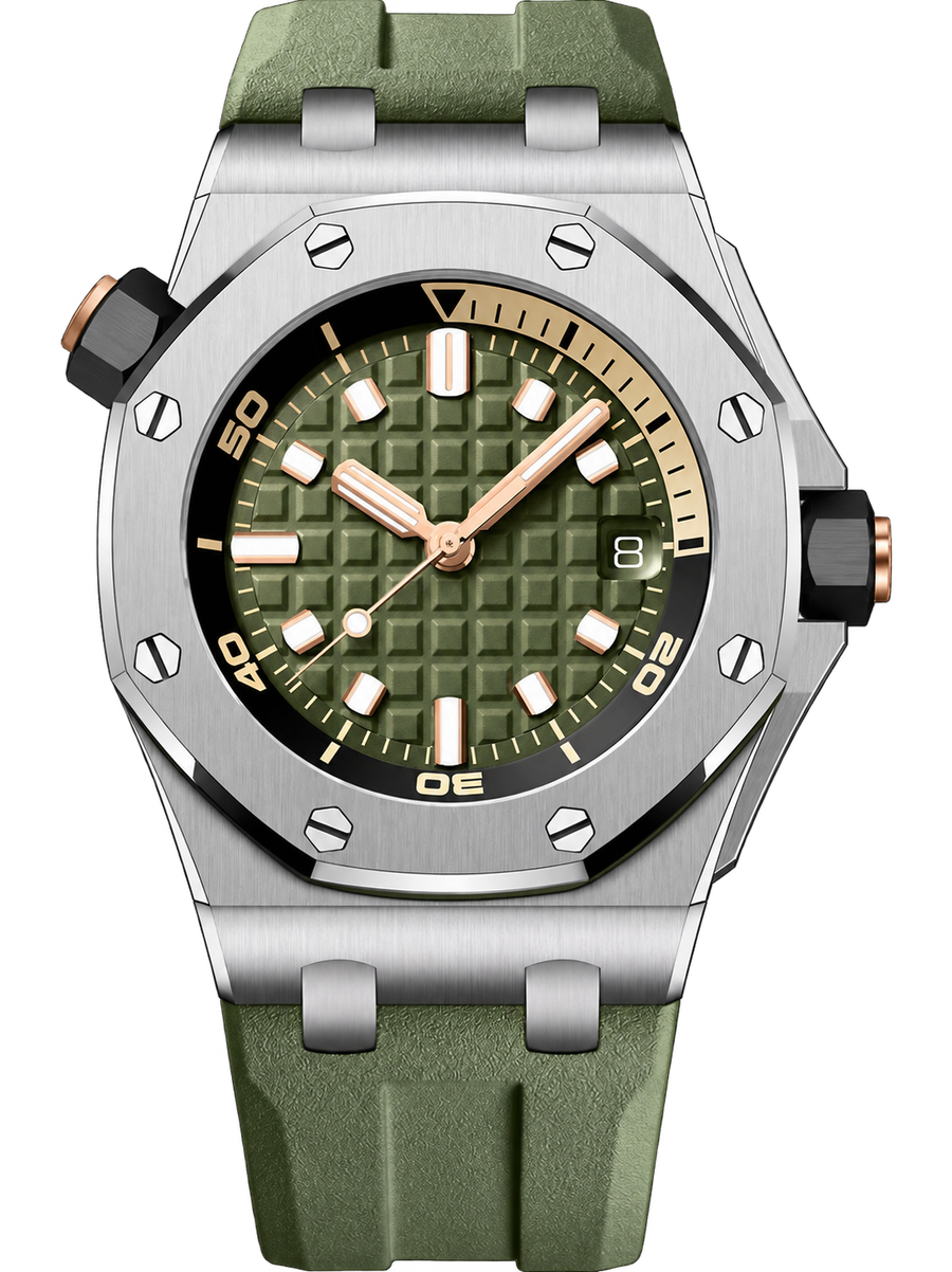 Khaki Green Sport Watch – Silver-Tone Case, Textured Dial & Green Performance Strap