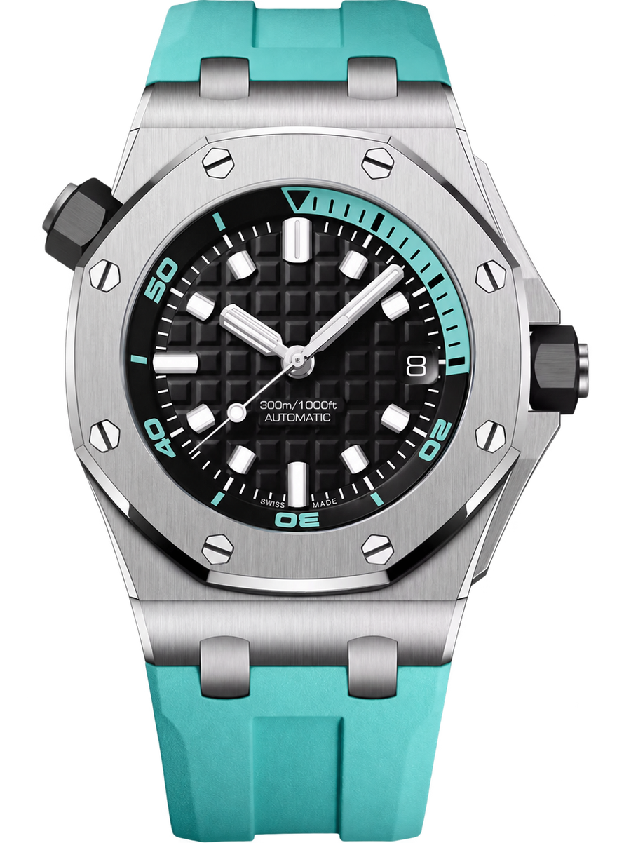 Turquoise Sport Watch – Silver-Tone Case, Black Textured Dial & Turquoise Performance Strap