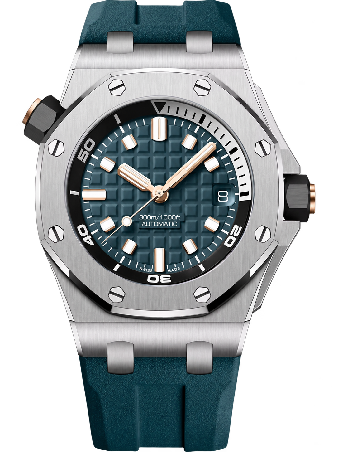 Deep Teal Sport Watch – Silver-Tone Case, Textured Dial & Matching Performance Strap