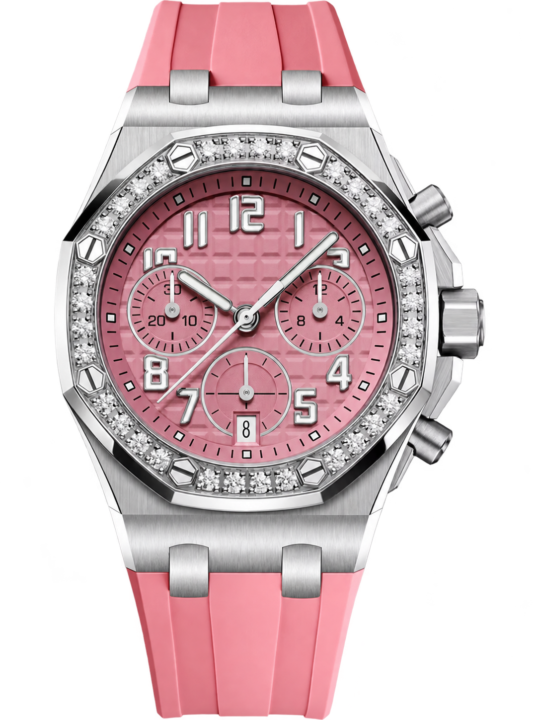 Pink Crystal-Set Multi-Display Sport Watch – Silver-Tone Case & Pink Performance Strap