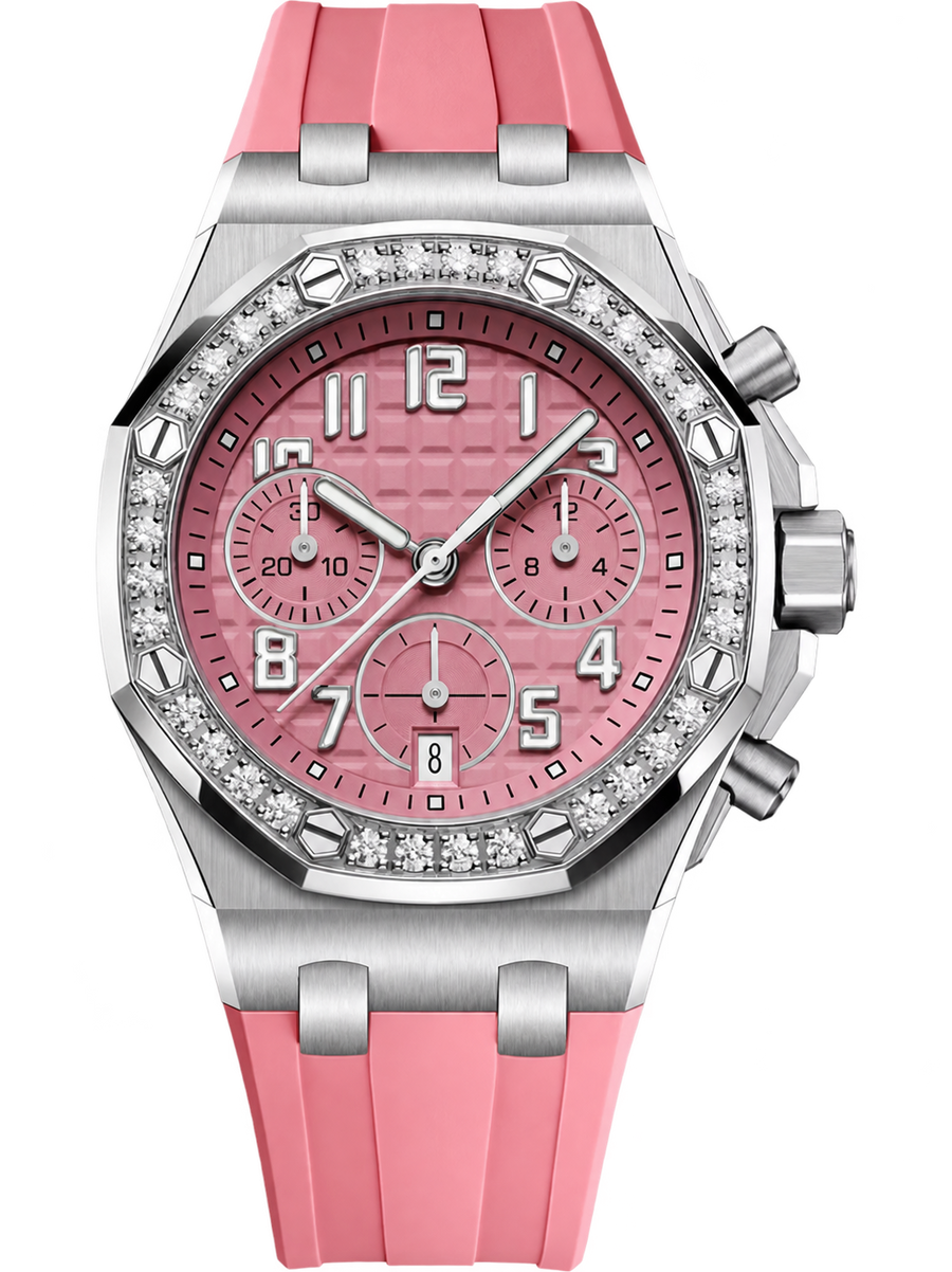 Pink Crystal-Set Multi-Display Sport Watch – Silver-Tone Case & Pink Performance Strap