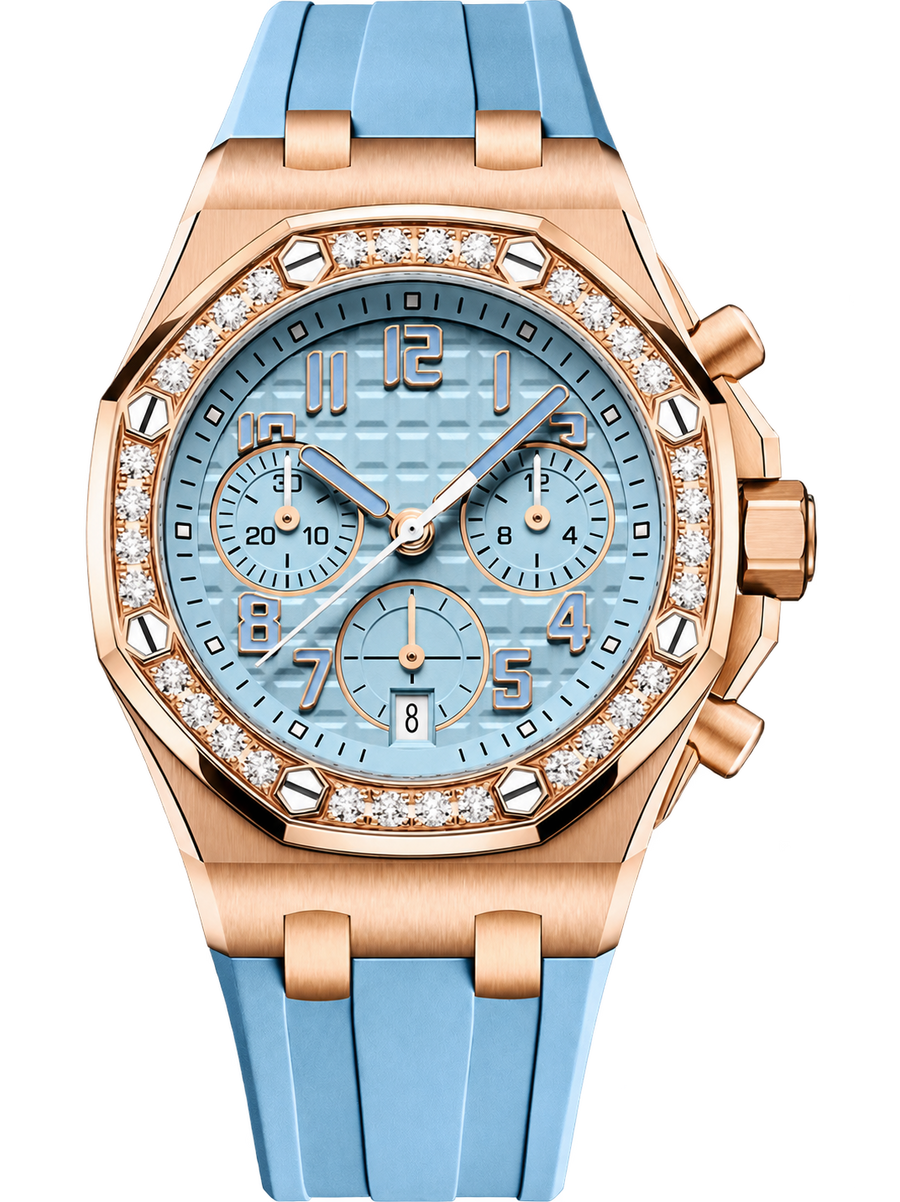 Light Blue Crystal-Set Multi-Display Sport Watch – Rose-Gold-Tone Case & Blue Performance Strap