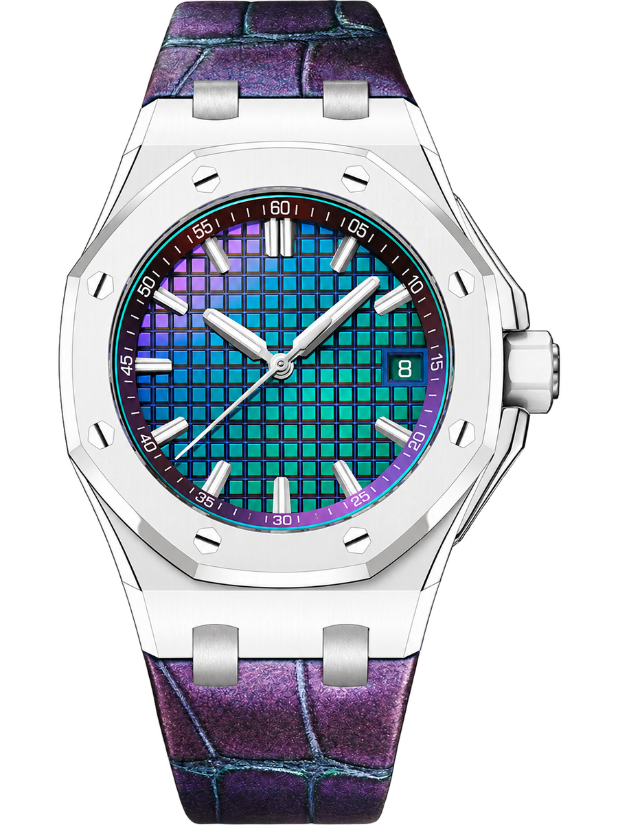 Iridescent Mosaic Dial Sport Watch – White-Tone Case & Purple Chameleon Strap