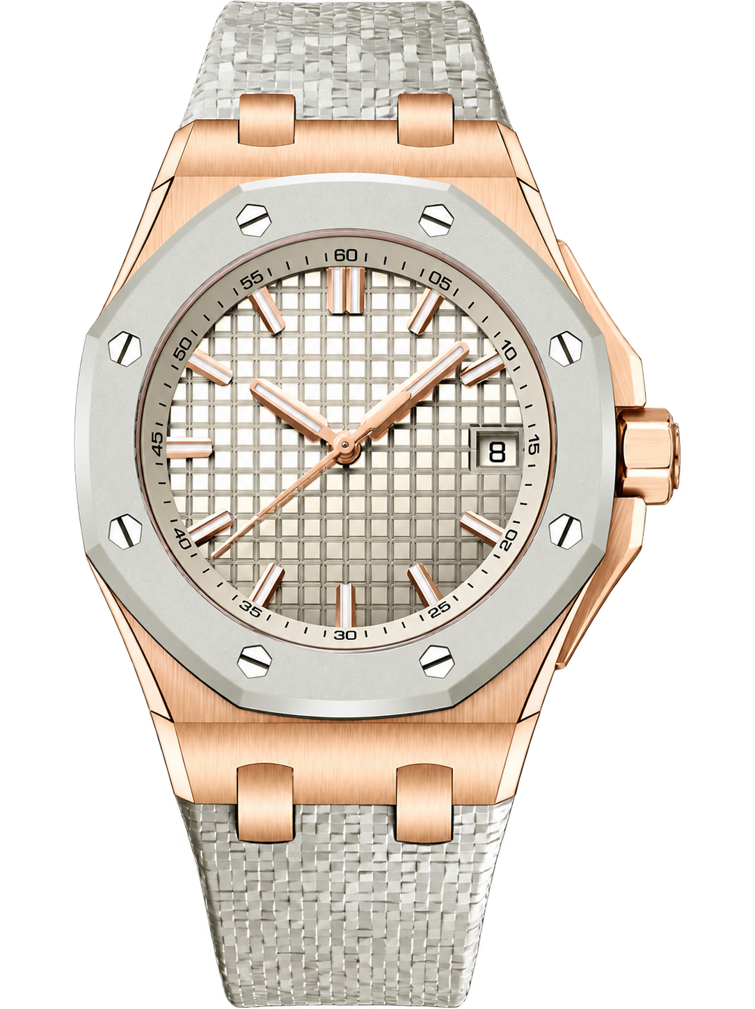 Ivory & Rose-Gold-Tone Sport Watch – Textured Dial & White Performance Strap