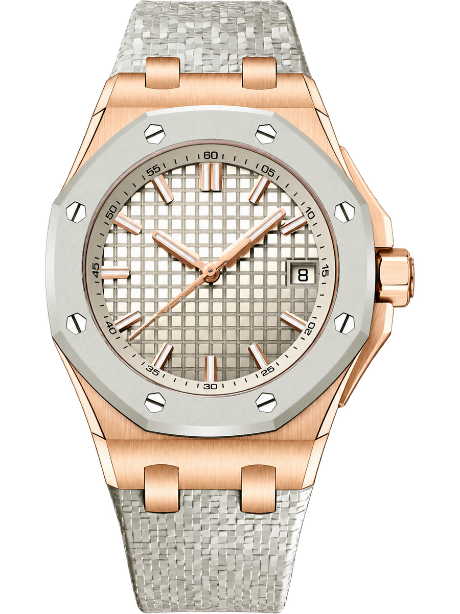 Ivory & Rose-Gold-Tone Sport Watch – Textured Dial & White Performance Strap