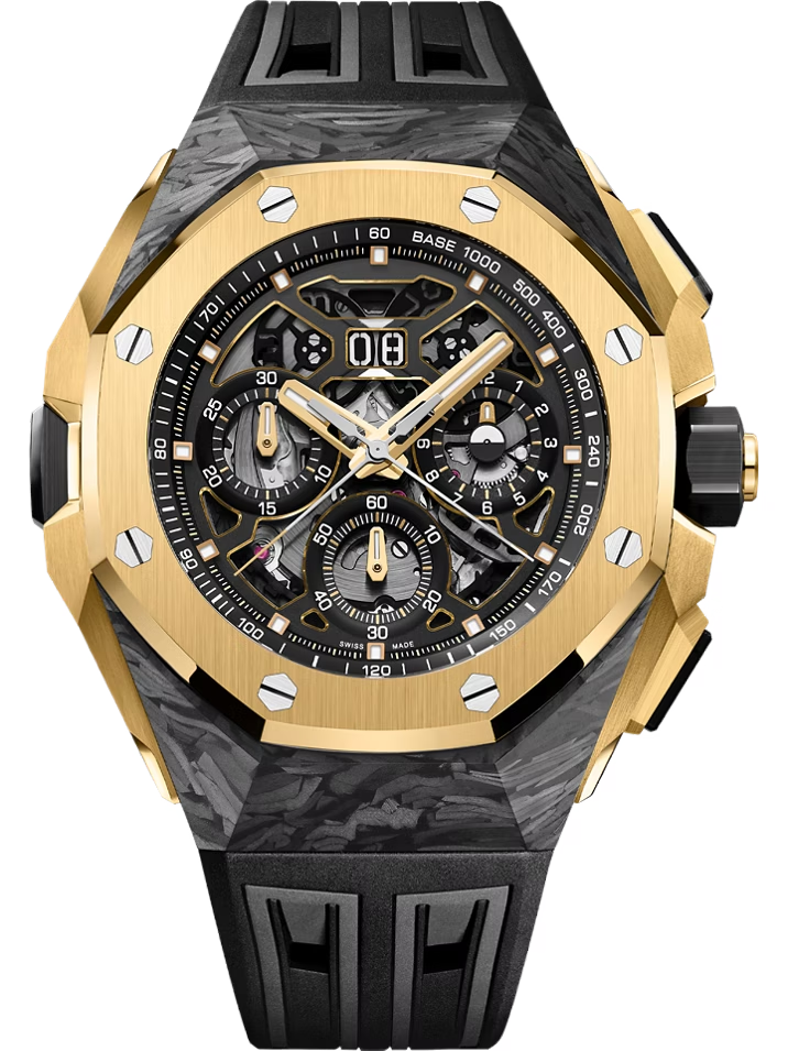 Black & Gold Open-Work Multi-Display Sport Watch – Gold-Tone Bezel & Black Performance Strap