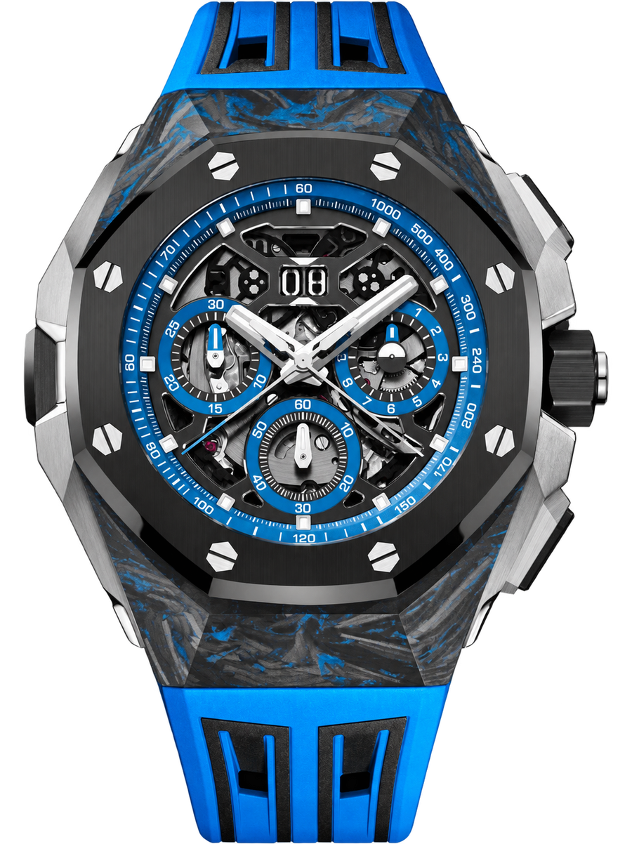 Blue & Black Open-Work Multi-Display Sport Watch – Carbon-Inspired Case & Blue Performance Strap