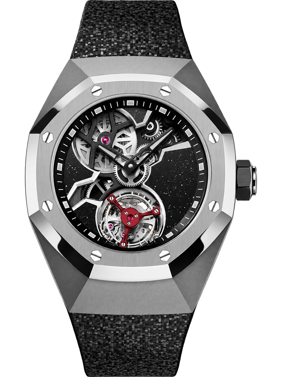 Black & Silver Open-Work Tourbillon-Inspired Sport Watch – Textured Black Strap