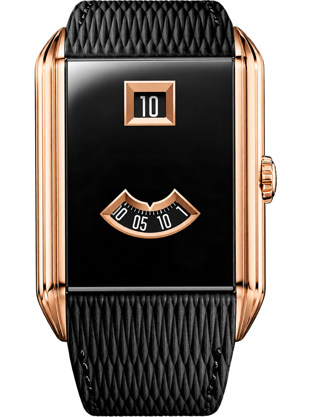 Black & Rose-Gold-Tone Jumping Hour Watch – Rectangular Case & Textured Black Strap