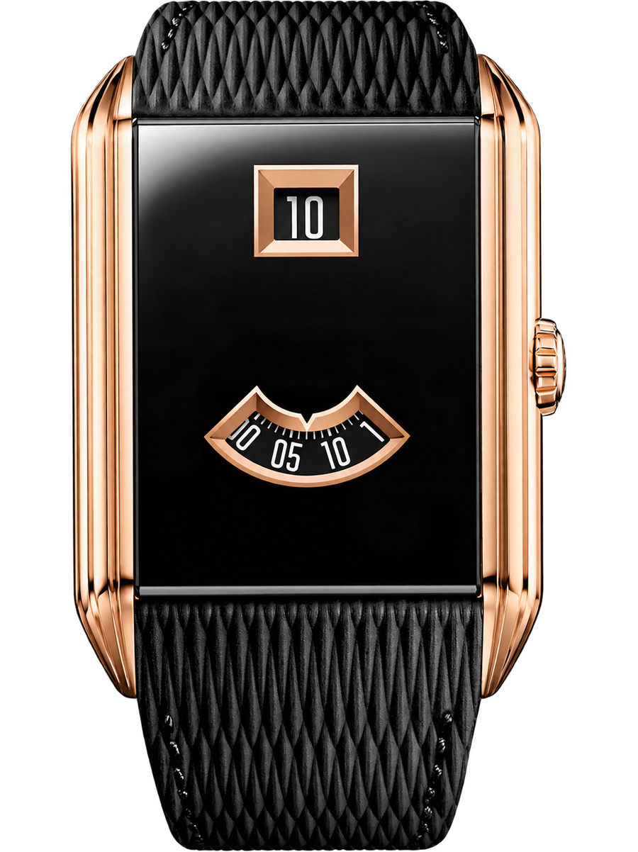 Black & Rose-Gold-Tone Jumping Hour Watch – Rectangular Case & Textured Black Strap