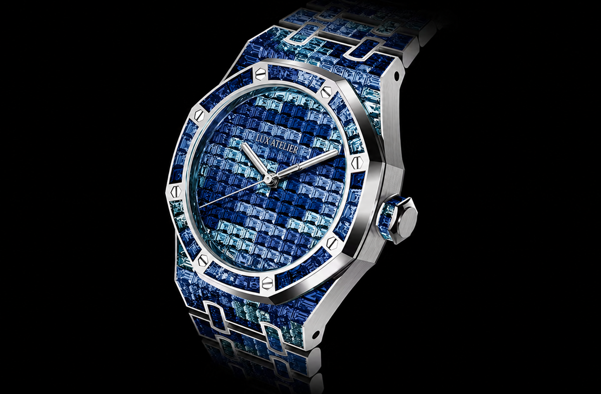 Blue Crystal-Set Camo Watch – Silver-Tone Integrated Bracelet