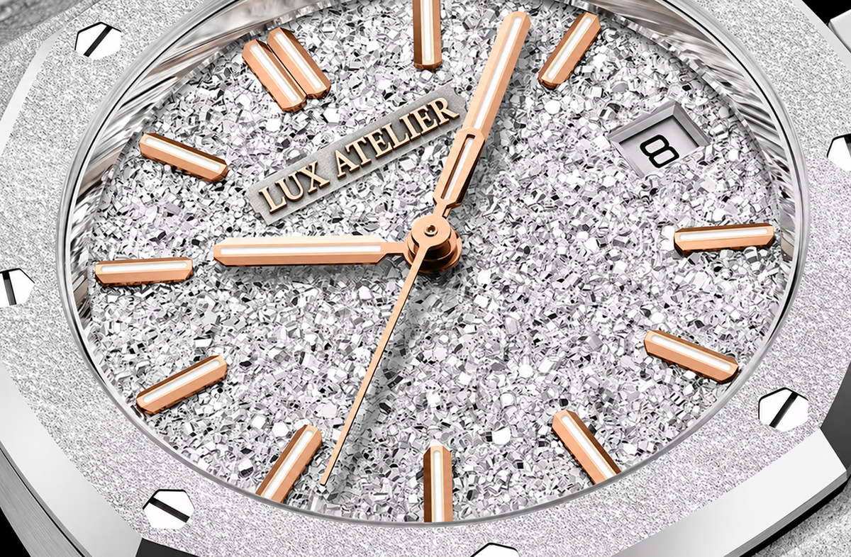 Frosted Silver-Tone Crystal-Texture Watch – Rose Gold Accents
