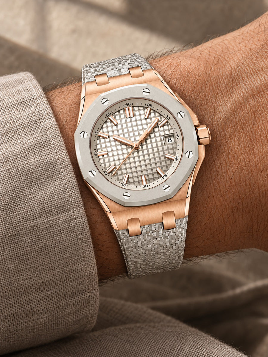 Ivory & Rose-Gold-Tone Sport Watch – Textured Dial & White Performance Strap