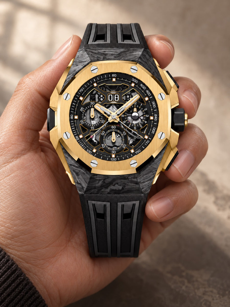 Black & Gold Open-Work Multi-Display Sport Watch – Gold-Tone Bezel & Black Performance Strap