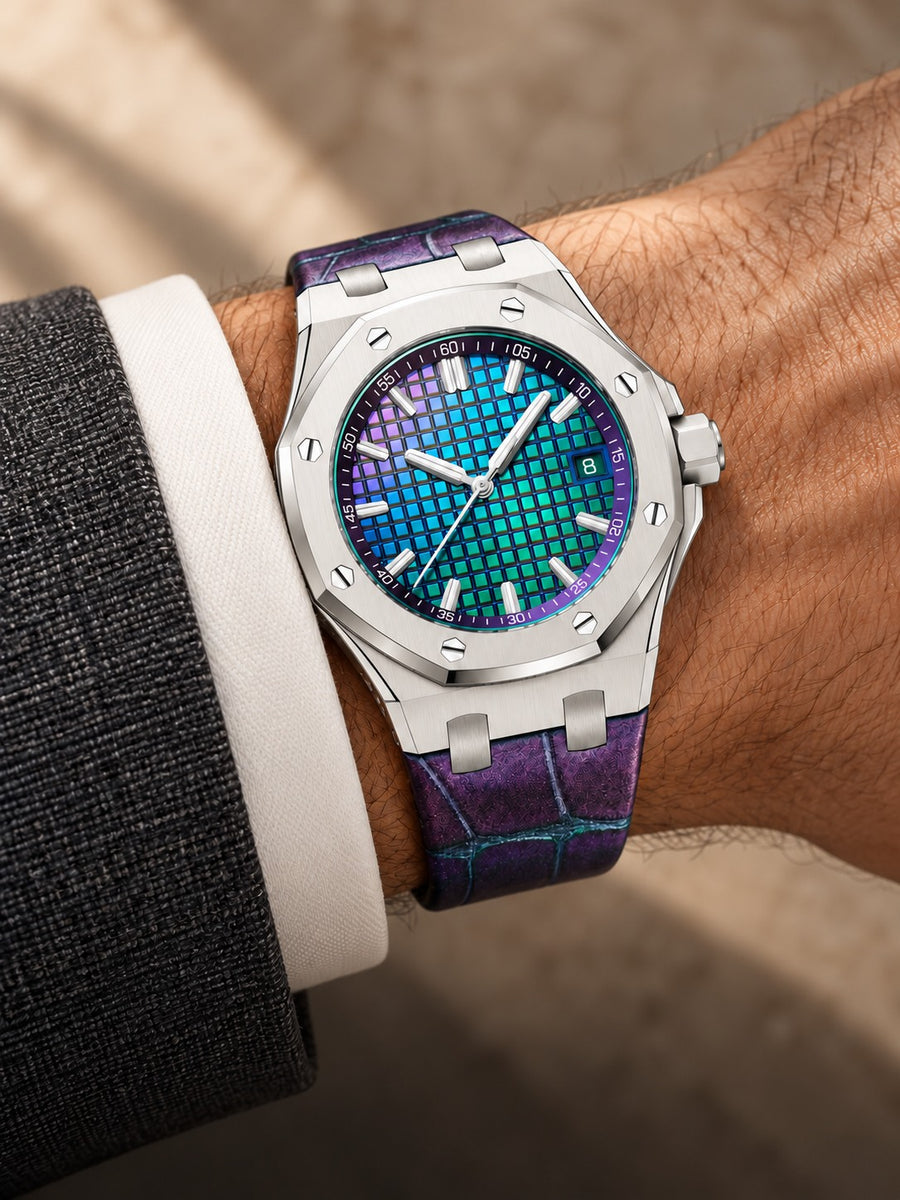 Iridescent Mosaic Dial Sport Watch – White-Tone Case & Purple Chameleon Strap
