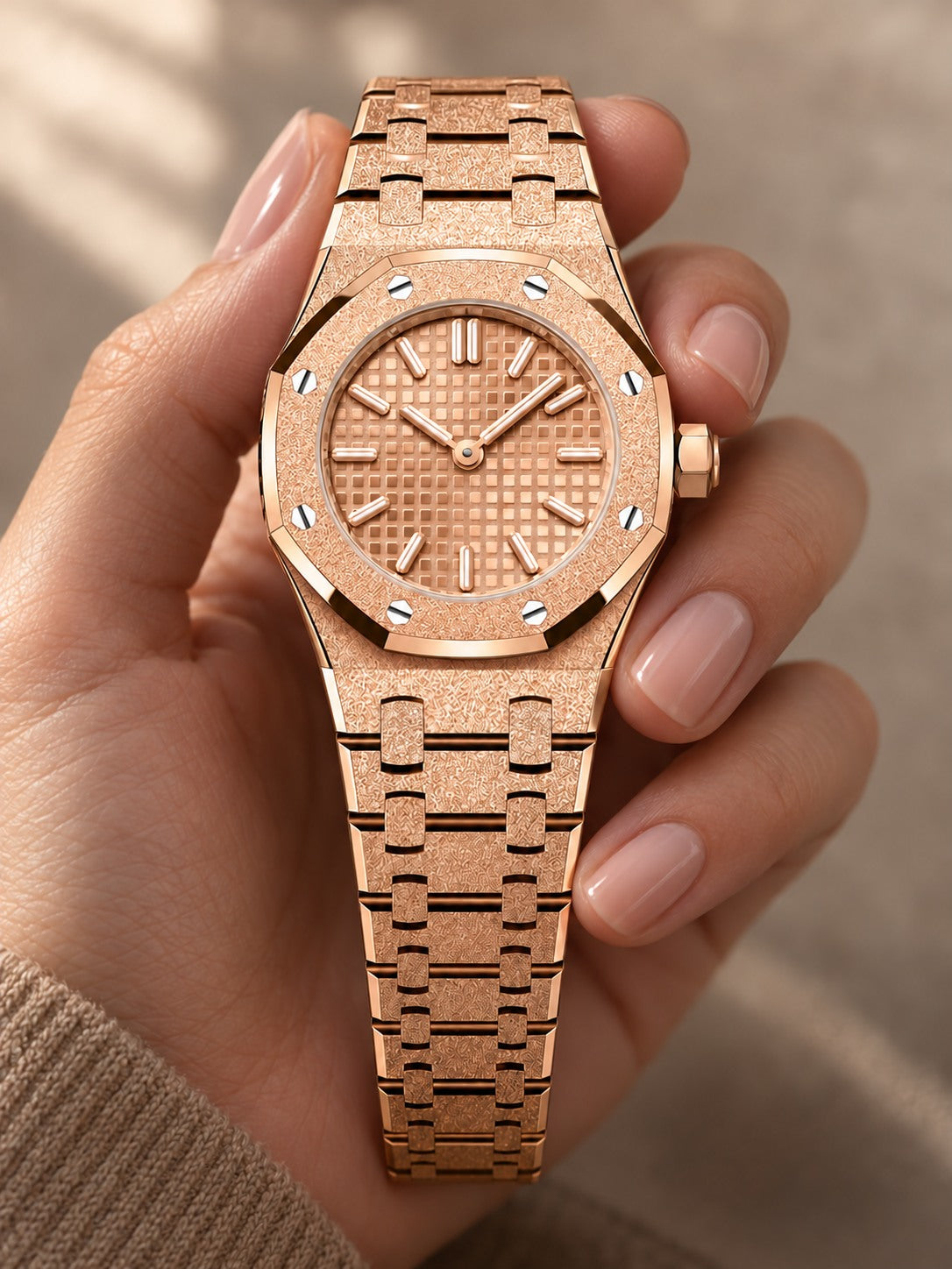 Frosted Rose Gold-Tone Mini Textured Watch – Integrated Bracelet