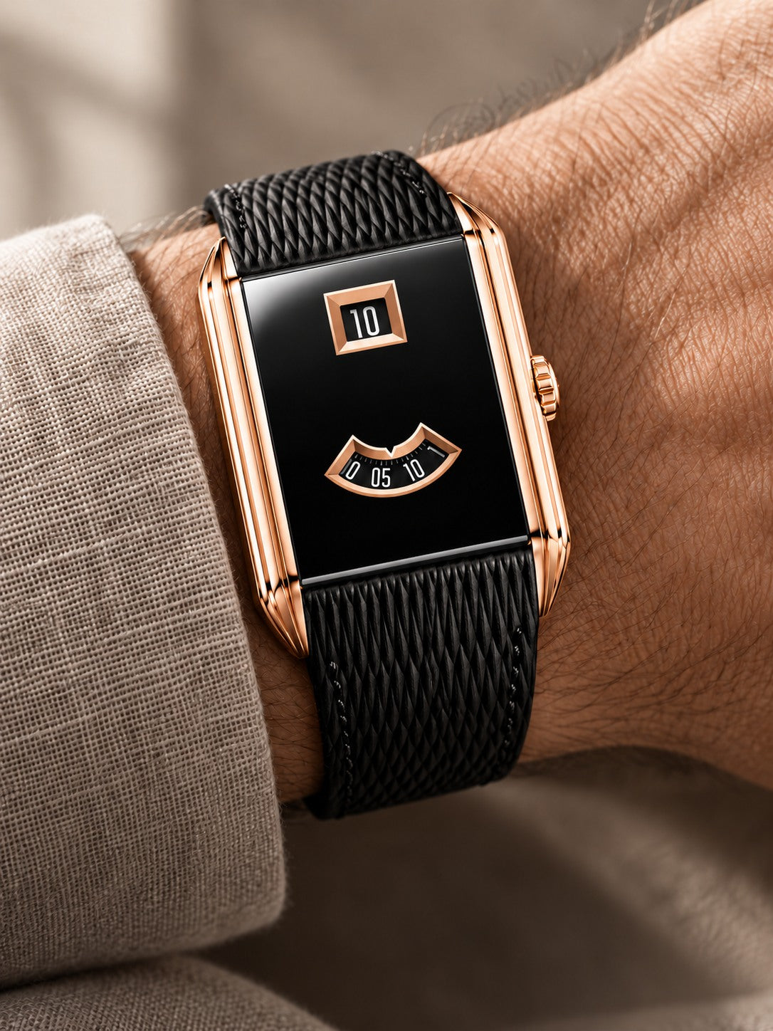 Black & Rose-Gold-Tone Jumping Hour Watch – Rectangular Case & Textured Black Strap