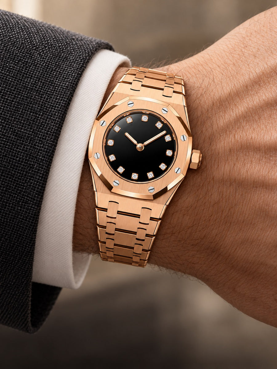 Rose Gold-Tone Mini Black Dial Watch – Crystal-Style Hour Markers