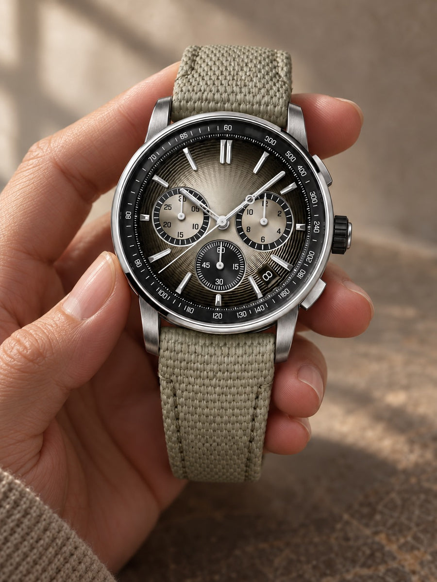 Sand Dial Chronograph-Style Watch – Silver Case & Beige Strap