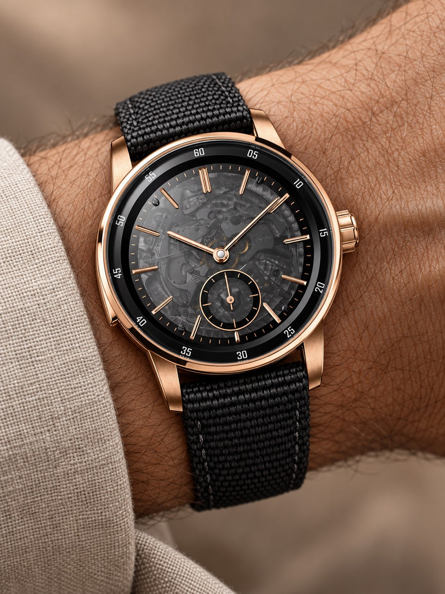 Smoked Skeleton Dress Watch – Rose Gold Tone & Black Strap