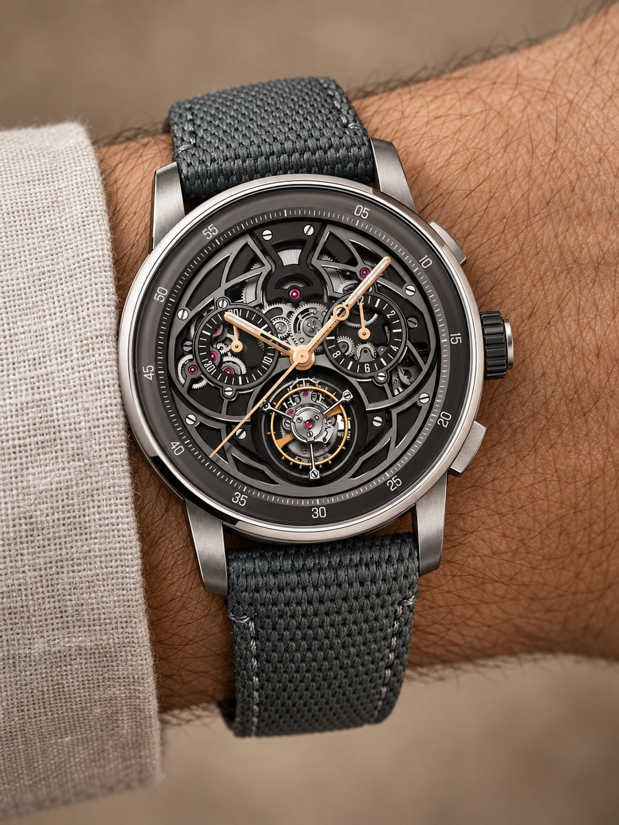 Skeleton Chronograph-Style Watch – Anthracite & Grey Strap