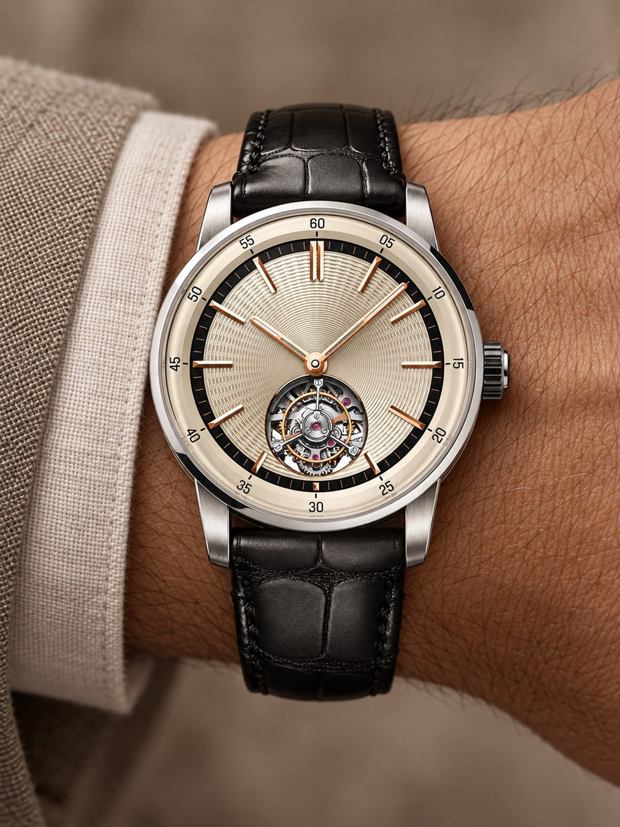 Champagne Open-Balance Dress Watch – Silver Case & Black Leather Strap