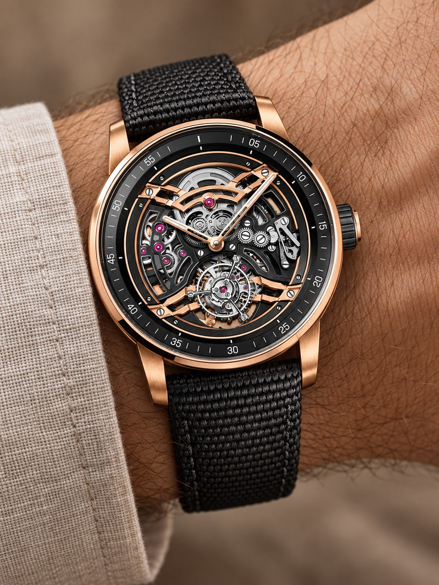 Openworked Skeleton Watch – Rose Gold Tone & Black Strap