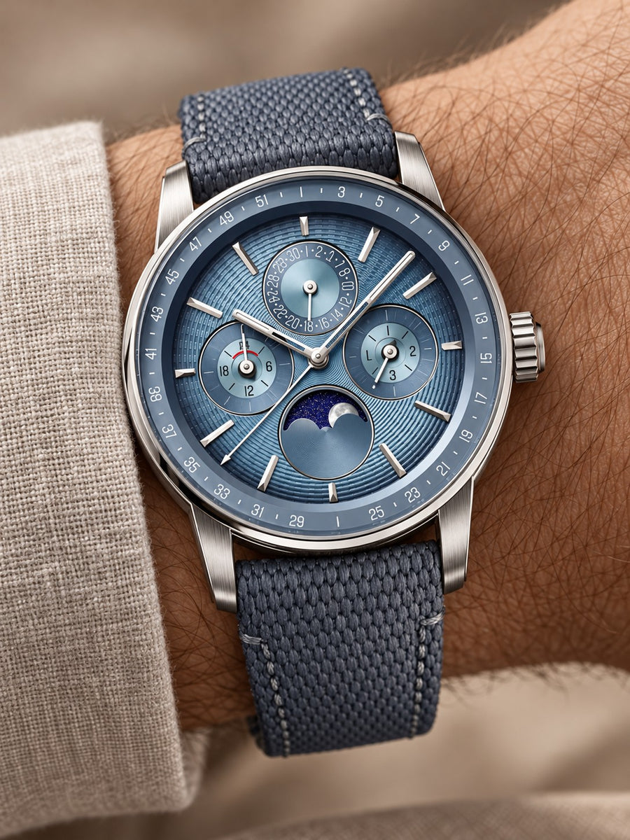 Blue Multi-Display Moonphase Watch – Silver Case & Blue Strap