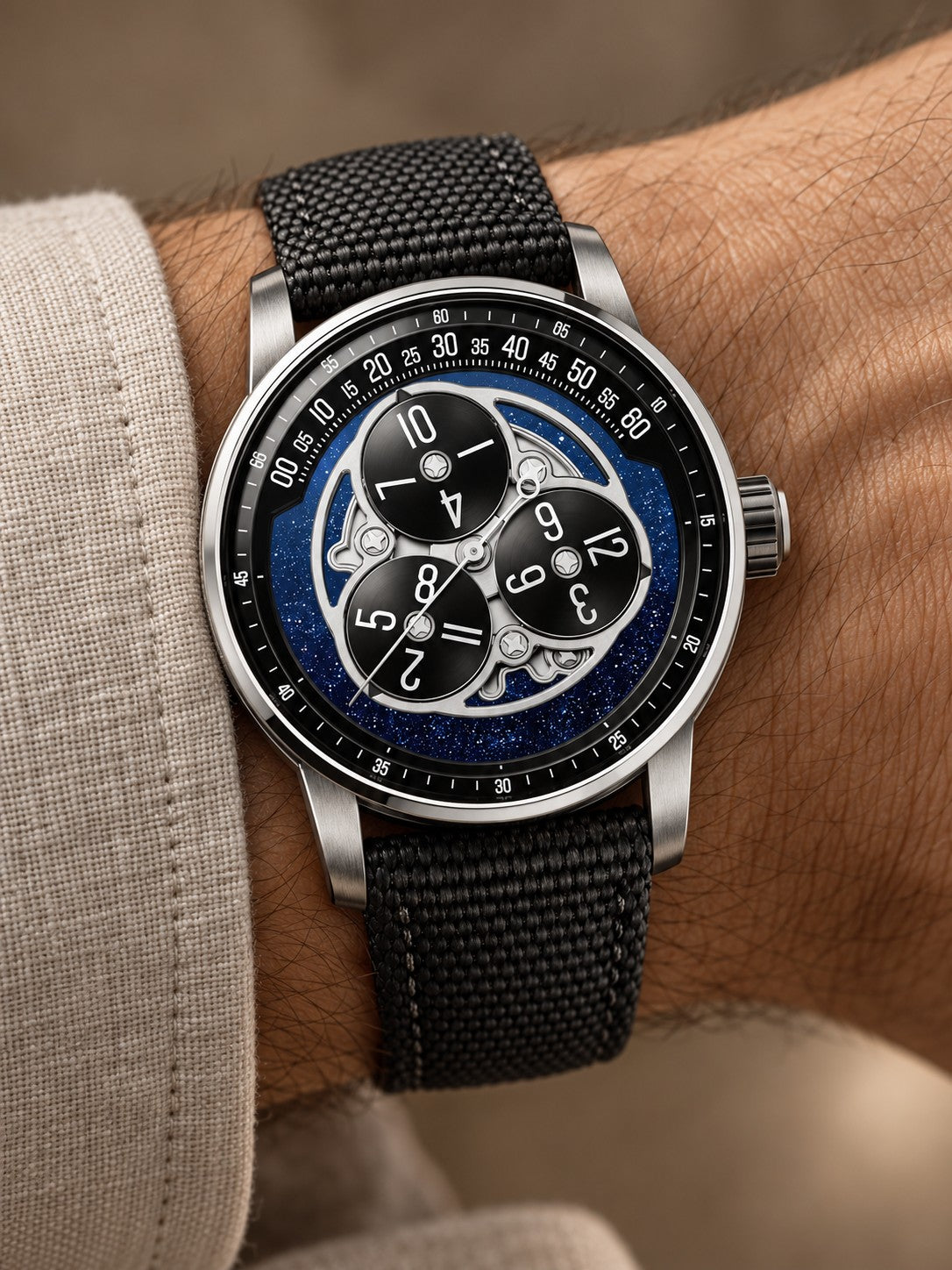 Celestial Rotating-Disc Watch – Midnight Blue & Black Strap