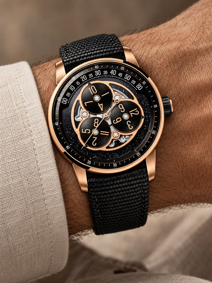Rose Gold Rotating-Disc Watch – Black Celestial Dial